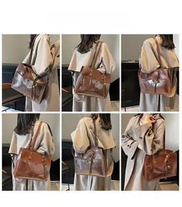 Detailed views of a brown leather and PVC tote bag styled with a beige trench coat