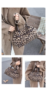 Detail of leopard print plush tote bag with soft faux fur texture and leather handle buckle