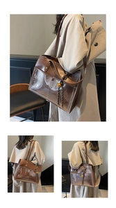 Three-angle views of a retro brown PVC tote bag with stylish long tassel and metal ring
