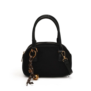 Minimalist black frosted crossbody bag with stylish woven rope and gold bell pendant