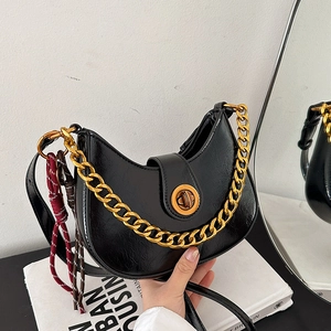 Women Retro Glossy PU Leather Crescent Hobo Bag With Thick Gold Chain Twist Lock Trendy Underarm Shoulder Bag