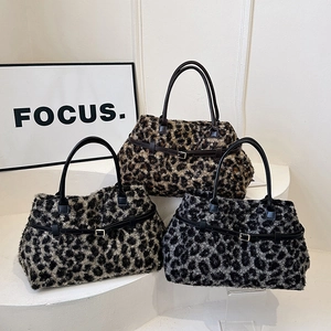 Winter faux fur leopard print tote bags in large capacity with leather strap details