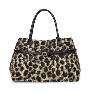 Winter large leopard print faux fur tote bag with black leather handles and gold buckle