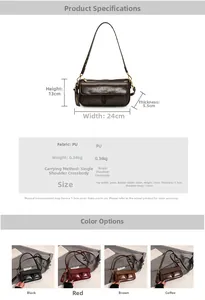 Detailed size guide and color options for the vintage PU leather shoulder bag with gold hardware