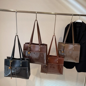 Winter tote bags in four colors featuring a trendy PVC patchwork design and gold charms