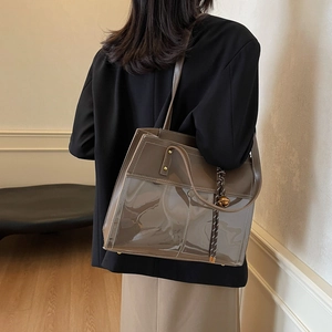 Large vintage brown leather and clear PVC tote bag for office and daily commuting use