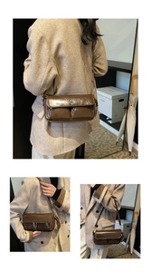 Detailed views of a brown glossy leather shoulder bag with flap and adjustable strap