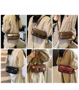Various colors of minimalist patent leather crossbody bags shown on model in urban settings