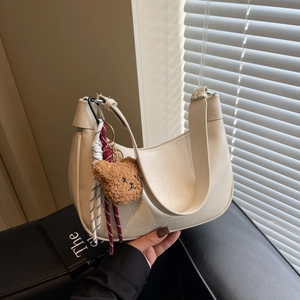 Hobo Underarm Bag Women PU Leather Half Moon Shoulder Handbag With Bear Keychain And Decorative Scarf Retro Daily Fashion