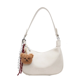 Fashionable winter off-white PU shoulder bag with cute bear pendant and logo detail