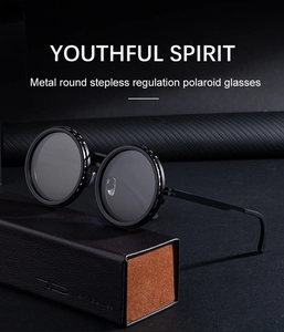 Close-up of round metal polarized sunglasses on a premium leather case with macro details