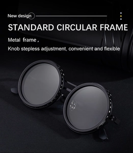 Detail of round metal frame sunglasses with knob for stepless adjustment feature