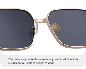 Détails des plaquettes de nez réglables et de la monture métallique de lunettes de soleil