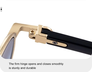 Close-up of durable golden metal hinges and black temples on fashion sunglasses