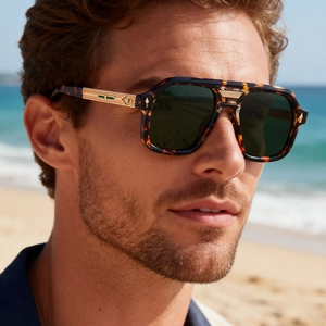 Detail of classic square tortoiseshell sunglasses with gold metal temples on a male model