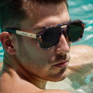 Detail of tortoise square sunglasses with gold metal temples and green enamel accents