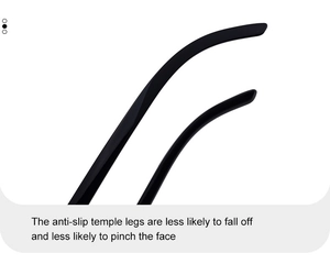 Detail of black anti-slip temple legs designed to reduce pressure and prevent pinching