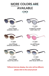 Detail of metal oval sunglasses with C-shape nose bridge accent and various color lens