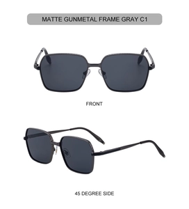 Détails de lunettes de soleil carrées gris mat avec charnières métalliques texturées et verres