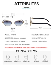 Detailed dimension guide for metal oval sunglasses model CY-8899 showing frame size and specs