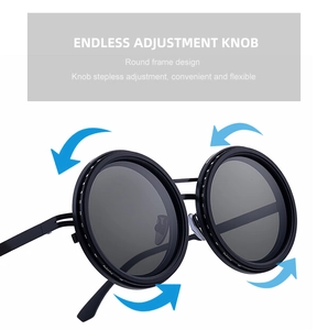 Detail showing the endless adjustment knob for stepless zooming on round black sunglasses
