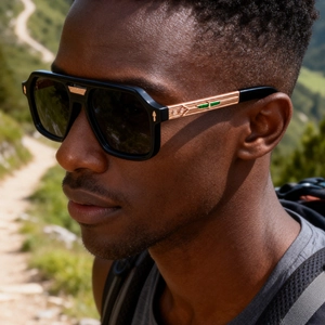 Detail of luxury square sunglasses for men featuring gold metal temples and dark gray lenses