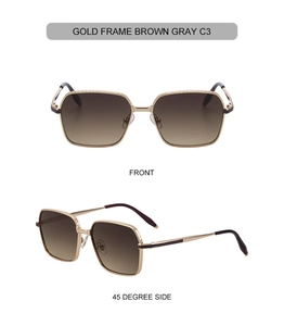 Détail de lunettes de soleil carrées en métal doré avec verres dégradés élégants
