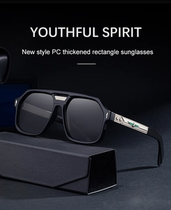 Rectangle black frame sunglasses with metal details and a textured triangular case