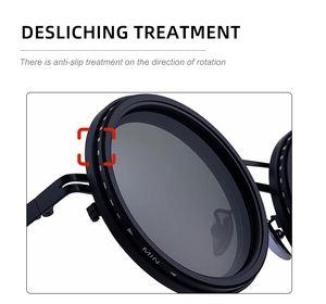 Detail view of round sunglasses featuring knurled anti-slip metal frame and MIN scale marker