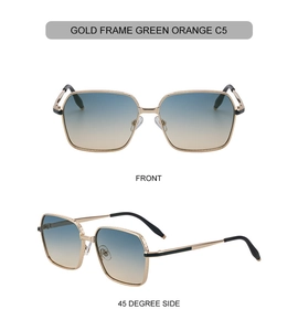 Détail de lunettes de soleil carrées en métal doré avec verres dégradés vert orange
