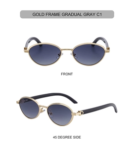Front and 45-degree side views of gold oval sunglasses with gradual gray lenses