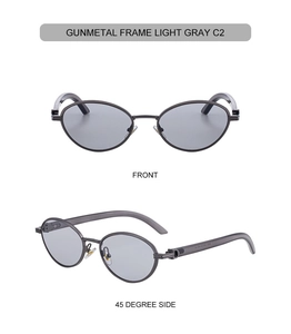 Front and 45-degree side views of gunmetal metal sunglasses with light gray lenses