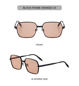 Vues frontale et latérale à 45 degrés de lunettes de soleil carrées noires avec verres oranges