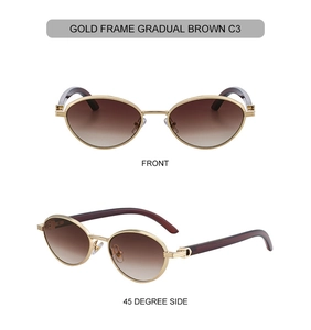Detail view of gold oval metal sunglasses with brown gradient lenses and slim temples