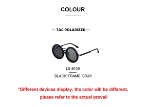 Detail of TAC polarized lenses and black round frames on LS-8129 retro sunglasses