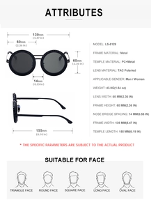 Detailed dimension chart showing round frame polarized sunglasses with size specifications