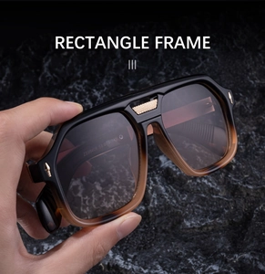 Detail of square frame sunglasses showing golden metal bridge and lens specifications