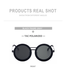 Detail shot of black matte round sunglasses featuring dark grey TAC polarized lenses
