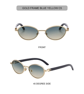 Detail of oval sunglasses with gold metal frame and blue-yellow gradient lenses
