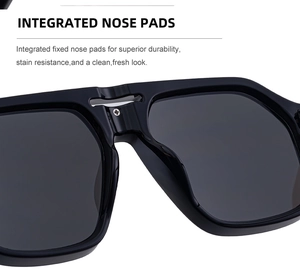 Close-up of integrated nose pads on black square sunglasses for durability and comfort
