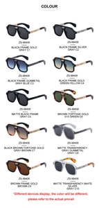 Detailed catalog of rectangular pilot sunglasses in ten different lens and frame colors