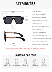 Detailed size chart and specifications for vintage square frame metal sunglasses