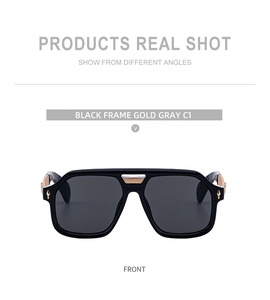Detailed front view of black square sunglasses with decorative gold metal mesh on the bridge