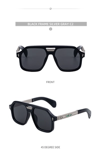 Detail view of square black sunglasses featuring silver metal hollow-out temple accents