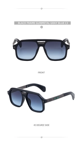 Detail of square pilot sunglasses with gunmetal mesh bridge and gradient blue lenses