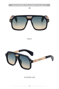 Front and 45-degree side view of square aviator sunglasses with gold metal temples