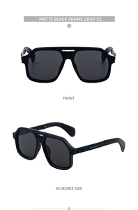 Front and side view of matte black double-bridge square sunglasses with gray lenses