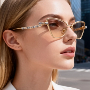 Fashion cat eye sunglasses with gold metal frame and diamond crystals on city street