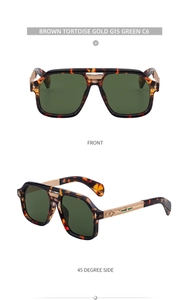 Detail of brown tortoise frame sunglasses with gold accents and G15 green lenses
