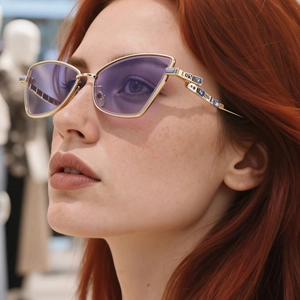 Close-up of cat-eye sunglasses with gold snake-scale temples and inlaid blue crystals